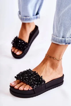 Damskie Klapki Na Platformie Z Ozdobami Czarne Almina