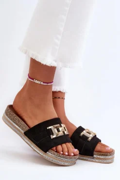 Damskie Klapki Na Platformie Z Ozdobą Czarne Vapireta