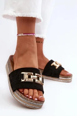 Damskie Klapki Na Platformie Z Ozdobą Czarne Vapireta