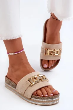 Damskie Klapki Na Platformie Z Ozdobą Beżowe Vapireta