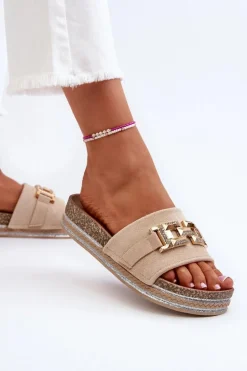 Damskie Klapki Na Platformie Z Ozdobą Beżowe Vapireta