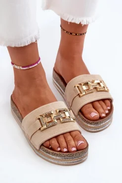 Damskie Klapki Na Platformie Z Ozdobą Beżowe Vapireta