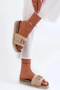 Damskie Klapki Na Platformie Z Ozdobą Beżowe Vapireta