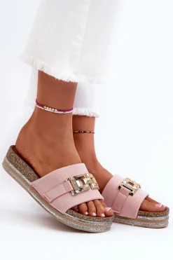 Damskie Klapki Na Platformie Z Ozdobą Różowe Vapireta