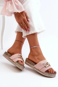 Damskie Klapki Na Platformie Z Ozdobą Różowe Vapireta