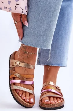 Damskie Klapki Na Platformie Z Paskami Złote Clover