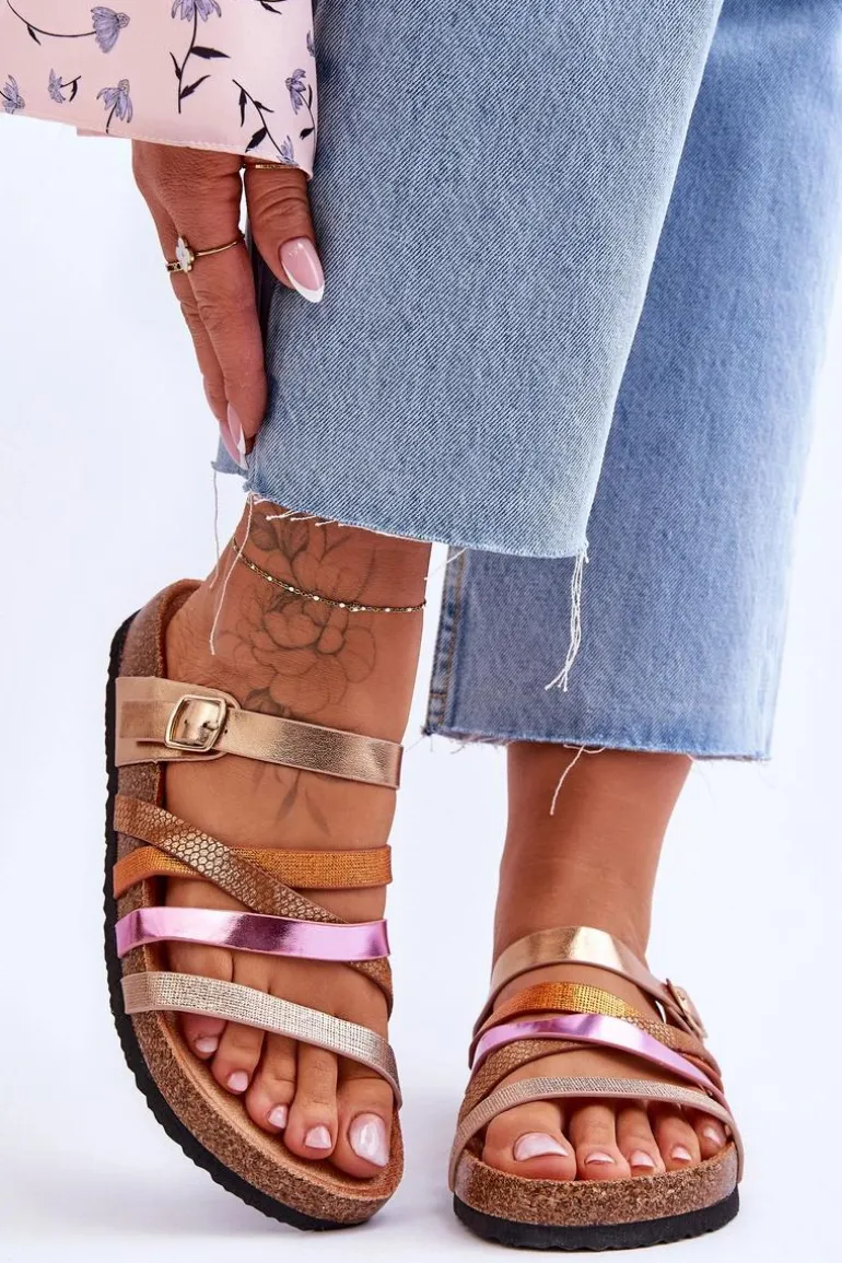 Damskie Klapki Na Platformie Z Paskami Złote Clover