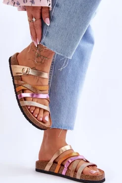 Damskie Klapki Na Platformie Z Paskami Złote Clover