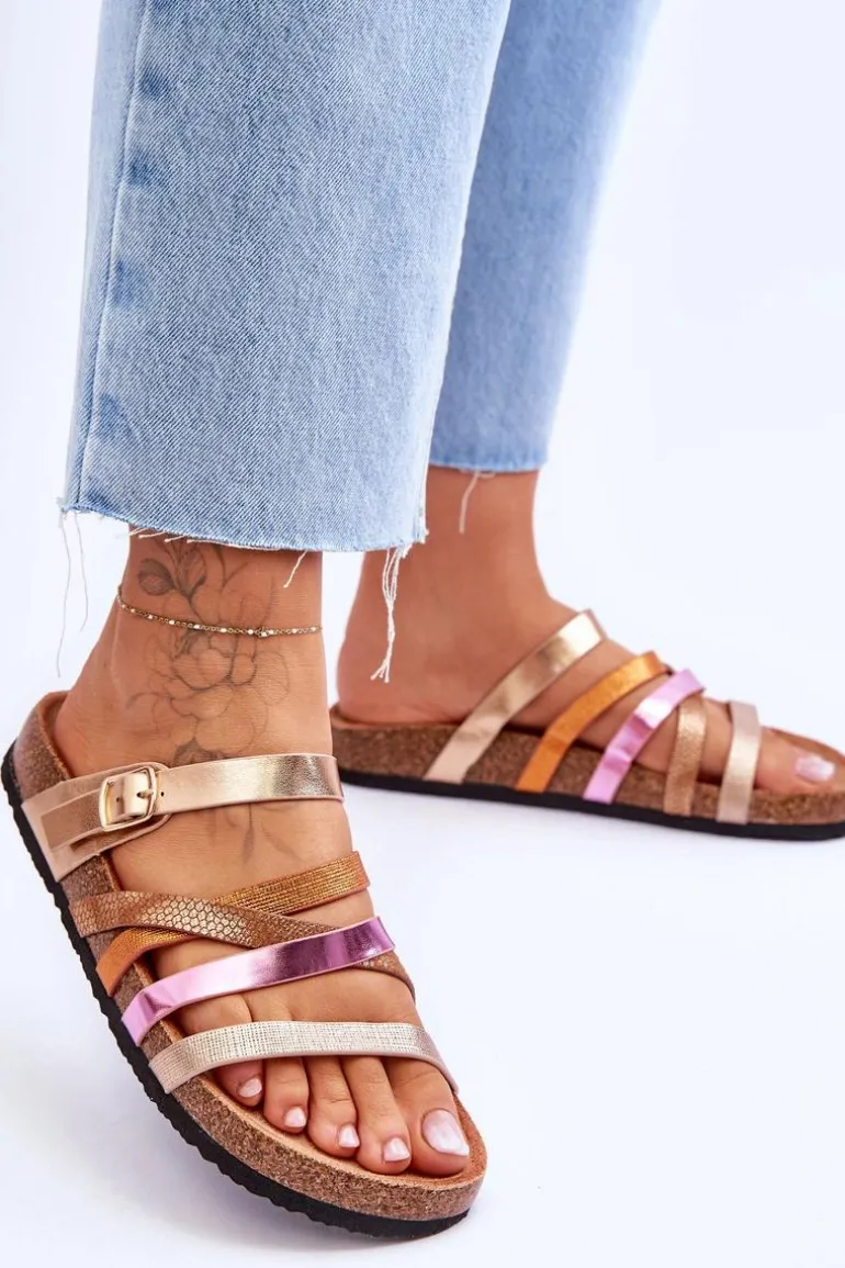 Damskie Klapki Na Platformie Z Paskami Złote Clover