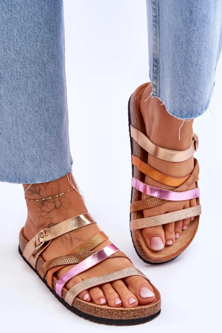 Damskie Klapki Na Platformie Z Paskami Złote Clover