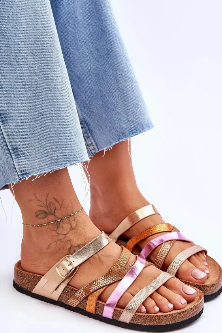 Damskie Klapki Na Platformie Z Paskami Złote Clover