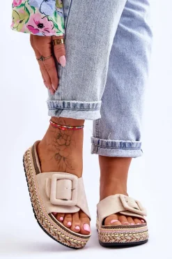 Damskie Klapki Na Zdobionej Platformie Beżowe Joyce