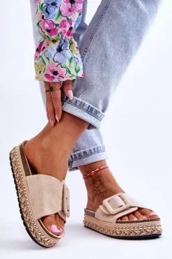 Damskie Klapki Na Zdobionej Platformie Beżowe Joyce