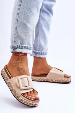 Damskie Klapki Na Zdobionej Platformie Beżowe Joyce