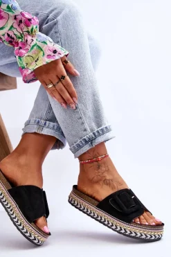 Damskie Klapki Na Zdobionej Platformie Czarne Joyce