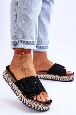 Damskie Klapki Na Zdobionej Platformie Czarne Joyce