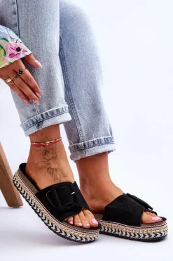 Damskie Klapki Na Zdobionej Platformie Czarne Joyce