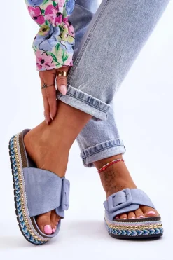 Damskie Klapki Na Zdobionej Platformie Niebieskie Joyce