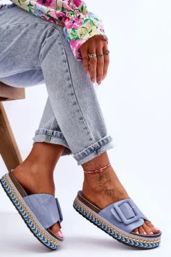 Damskie Klapki Na Zdobionej Platformie Niebieskie Joyce