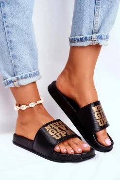 Damskie Klapki Never Give Up Złote Czarne