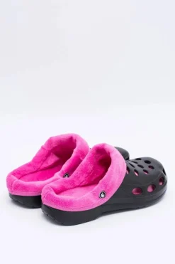 Damskie Klapki Ocieplane Czarno Różowe Kroksy EVA