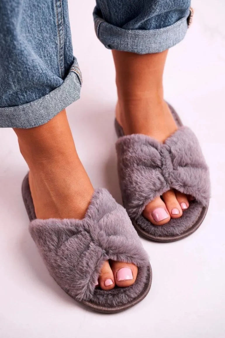 Damskie Klapki Papcie Futrzane Szare Bow