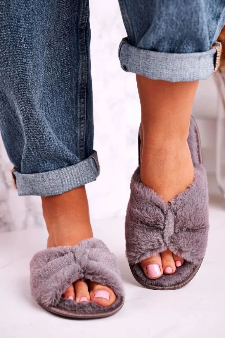 Damskie Klapki Papcie Futrzane Szare Bow