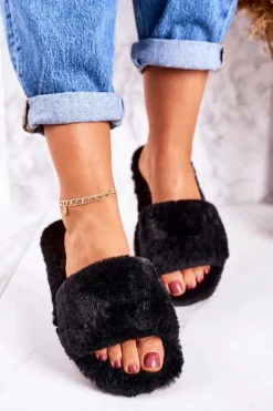 Damskie Klapki Papcie Futrzane Czarne Cold Days