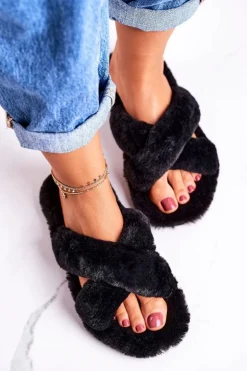 Damskie Klapki Papcie Futrzane Czarne Cozy Time