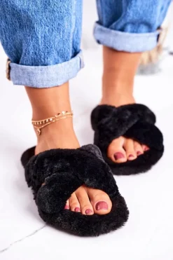 Damskie Klapki Papcie Futrzane Czarne Cozy Time