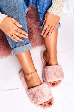 Damskie Klapki Papcie Futrzane Różowe Cold Days