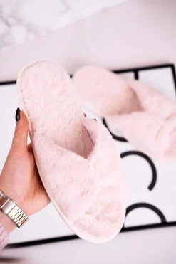 Damskie Klapki Papcie Futrzane Beżowe Bow