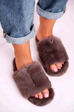 Damskie Klapki Papcie Futrzane Szare Sweet