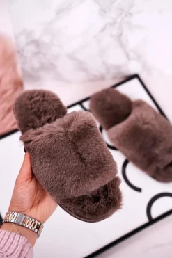 Damskie Klapki Papcie Futrzane Szare Sweet