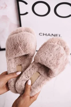 Damskie Klapki Papcie Futrzane Jasny Brąz Cold Days