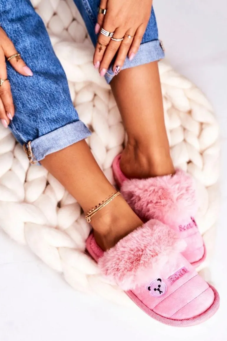 Damskie Klapki Papcie Z Futerkiem Różowe Teddy