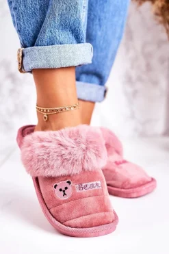 Damskie Klapki Papcie Z Futerkiem Pudrowy Róż Teddy
