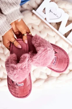 Damskie Klapki Papcie Z Futerkiem Pudrowy Róż Teddy