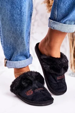Damskie Klapki Papcie Z Futerkiem Czarne Teddy