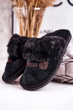 Damskie Klapki Papcie Z Futerkiem Czarne Teddy