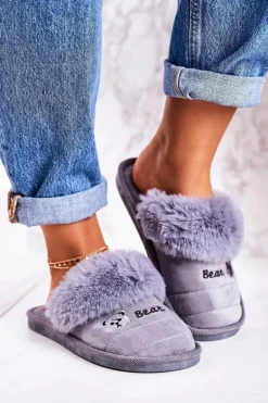 Damskie Klapki Papcie Z Futerkiem Szare Teddy