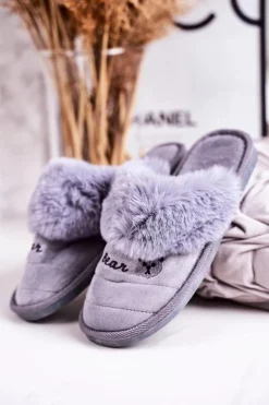 Damskie Klapki Papcie Z Futerkiem Szare Teddy