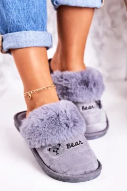 Damskie Klapki Papcie Z Futerkiem Szare Teddy