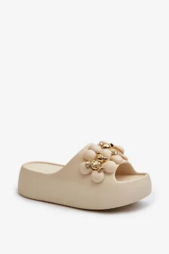 Damskie Klapki Piankowe Z Ozdobami Na Grubej Podeszwie Jasnobeżowe Bremavia