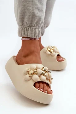 Damskie Klapki Piankowe Z Ozdobami Na Grubej Podeszwie Jasnobeżowe Bremavia