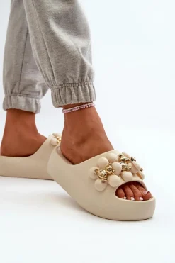 Damskie Klapki Piankowe Z Ozdobami Na Grubej Podeszwie Jasnobeżowe Bremavia