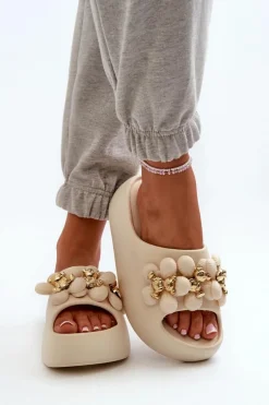 Damskie Klapki Piankowe Z Ozdobami Na Grubej Podeszwie Jasnobeżowe Bremavia