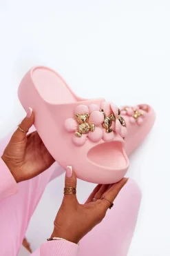 Damskie Klapki Piankowe Z Ozdobami Na Grubej Podeszwie Różowe Bremavia