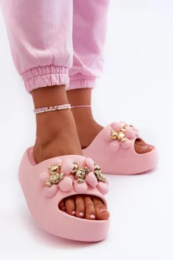 Damskie Klapki Piankowe Z Ozdobami Na Grubej Podeszwie Różowe Bremavia