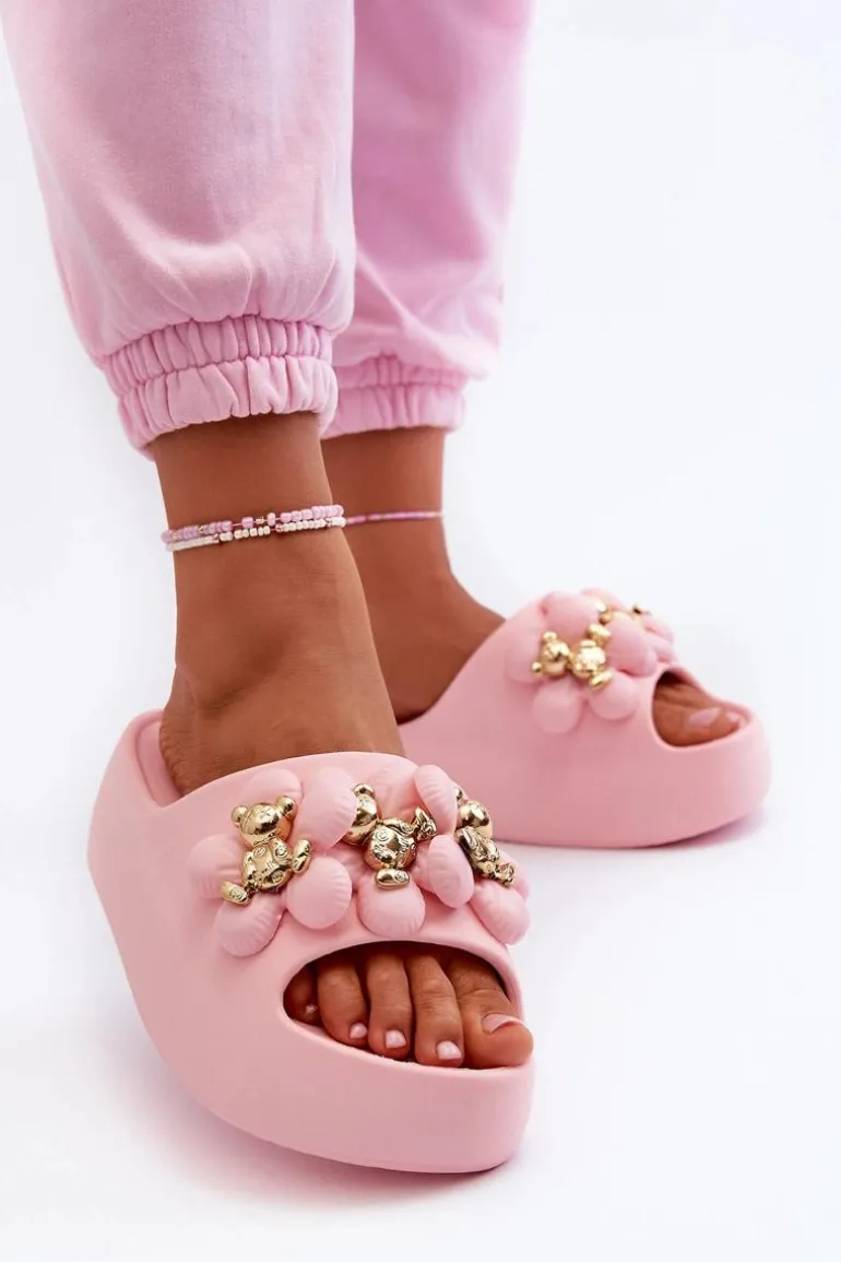 Damskie Klapki Piankowe Z Ozdobami Na Grubej Podeszwie Różowe Bremavia
